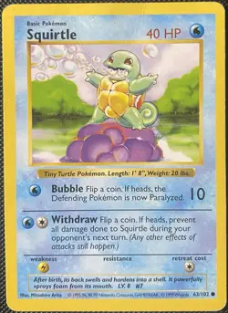 Squirtle 063/102 Base Set (Shadowless) Regular *DAMAGED* Pokemon Card - Image 1