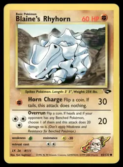 Blaine's Rhyhorn 65/132 Common Gym Challenge Pokemon Unlimited Lightly Played - Image 1