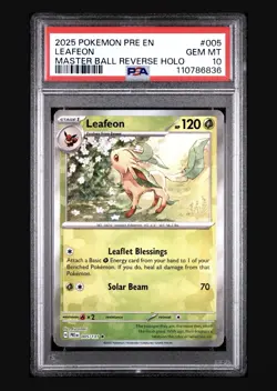 2025 POKEMON PRE EN-PRISMATIC EVOLUTIONS MASTER BALL REVERSE HOLO LEAFEON PSA 10 - Image 1