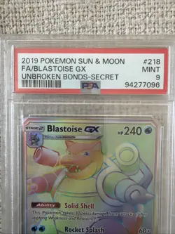 Pokemon Unbroken Bonds Blastoise GX 218/214 Secret Rainbow Rare PSA 9 Mint - Image 3