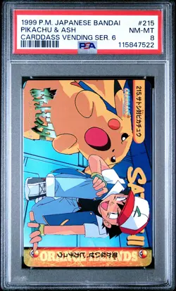 1999 POKEMON JPN BANDAI CARDDASS VENDING SER 6 #215 PIKACHU & ASH PSA 8 - Image 1