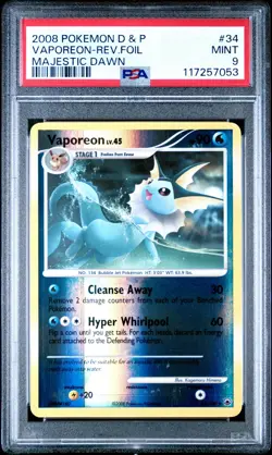 2008 POKEMON DP MAJESTIC DAWN VAPOREON #34 REVERSE FOIL PSA 9 MINT #117257053 - Image 1