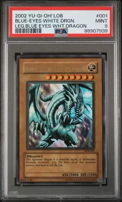 2002 Yu-Gi-Oh! LOB-001 Blue-Eyes White Dragon 1.5 Print Light Fade PSA 9 Mint - Image 1