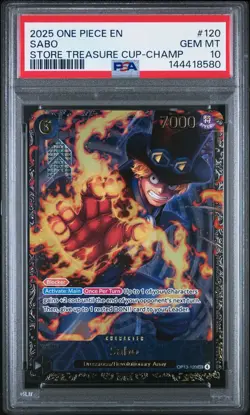 2025 ONE PIECE OP13 #120 SABO STORE TREASURE CUP CHAMPION PROMO ENGLISH PSA 10 - Image 1