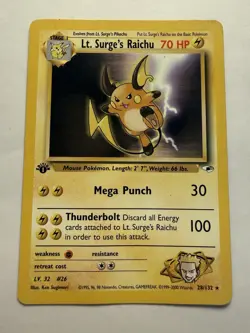 1st Edition Lt. Surge’s Raichu 28/132 Gym Heroes Rare – Clean Front LP Pokemon - Image 1