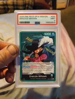 One Piece op14-eb04 The azure sea's seven Dracule Mihawk Alt Art Leader PSA 9 - Image 1