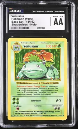 CGC AA Venusaur 15/102 Shadowless Holo Base Set Graded Pokemon Card - Image 1