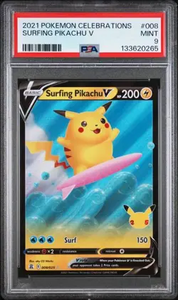 PSA 9 MINT Surfing Pikachu V Celebrations Full Art Holo 2021 Pokemon 008/025 - Image 1