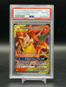 PSA 10 GEM MINT Charizard & Braixen GX Cosmic Eclipse 2019 Pokemon Holo 22/236 - Image 1