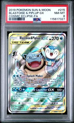 PSA 8 NM-MT Blastoise & Piplup GX Cosmic Eclipse Full Art Holo Pokemon 215/236 - Image 1