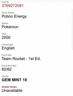 Pokemon TCG Team Rocket Potion Energy 82/82 1st Edition 2000 CGC 10 - Image 3
