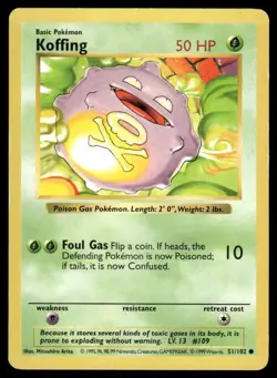 Pokemon Cards Koffing 51/102 Base Set Shadowless Common MP - Image 1