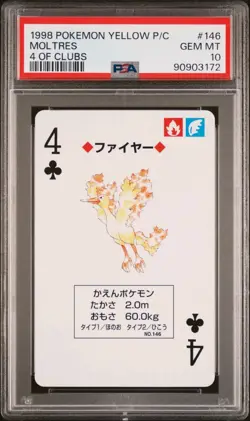 PSA 10 GEM MINT Pokemon Yellow Playing Card - Moltres 4 of Clubs (POP 1) - Image 2