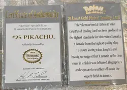 Vintage Pokemon 1999 Burger King 23K Gold Plated PIKACHU #25 COA Card ONLY! - Image 1