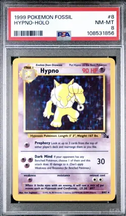 Pokemon 1999 Fossil Hypno 8/62 Holo Rare Unlimited PSA 8 NM-MT - Image 1