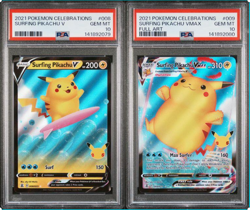 SEQUENTIAL PSA 10 SURFING PIKACHU V 008 VMAX 009 CELEBRATIONS POKEMON GEM MINT - Image 1