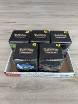 POKEMON 2025 STACKING TIN LOT X5 W/ DISPLAY 15 BOOSTER PACKS NEW FACTORY SEALED! - Image 1