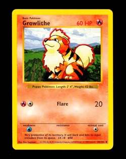 1999 Pokemon GROWLITHE Base Set SHADOWLESS Misprint LOW INK ERROR Card 28/102 EX - Image 1