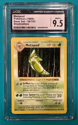 CGC 9.5 Metapod 1999 Base Set Shadowless 54/102 Pokemon Card - Image 1