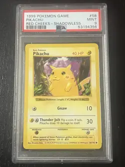 No Reserve PSA 9 1999 POKEMON BASE SET RED CHEEKS-SHADOWLESS #58 PIKACHU RARE - Image 1