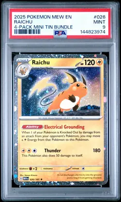 2025 POKEMON PROMO 4-PACK MINI TIN BUNDLE #026 RAICHU PSA 9 - Image 1
