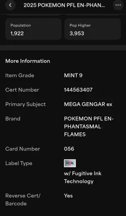 2025 Pokemon Phantasmal Flames Mega Gengar ex 056/094 Holo RR PSA 9 - Image 3