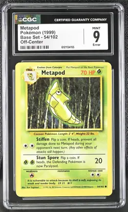 CGC 9 MINT Metapod OC OFF-CENTER ERROR 1999 Base Set 54/102 Pokemon Card - Image 1