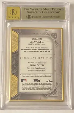 2023 Topps Transcendent Yordan Alvarez Patch Auto Emerald /5 BGS 10 PRISTINE - Image 2