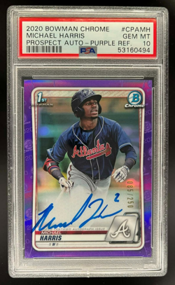 2020 BOWMAN CHROME MICHAEL HARRIS 1ST BOWMAN AUTO PURPLE REFRACTOR 85/250 PSA 10 - Image 1