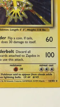 Pokemon TCG Zapdos Holo Rare Base Set 16/102 WOTC Vintage 1999 - Image 5