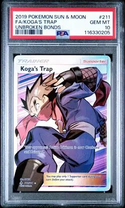 2019 POKEMON SUN & MOON KOGA’S TRAP FULL ART UNBROKEN BONDS #211/214 PSA 10 GEM - Image 1