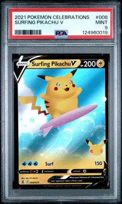 2021 POKEMON CELEBRATIONS #008 SURFING PIKACHU V PSA 9 - Image 1