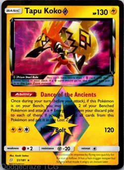 Tapu Koko ◇ 51/181 Rare Prism Star Team Up Pokemon NM - Image 1