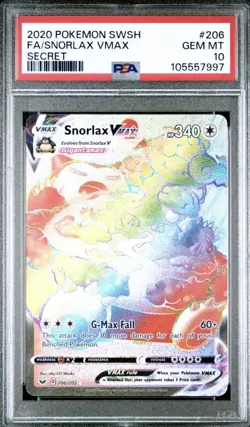 2020 Pokemon Sword & Shield #206/202 Snorlax VMAX Secret PSA 10 - Image 1