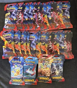 BRAND NEW SEALED POKEMON LOT 28 SLEEVED BOOSTER PACKS / 4 POKEMON DAY BOXES - Image 1