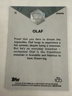 Olaf of Frozen 2023 Topps Chrome Disney 100 Silver Refractor Sp #74 1st Year - Image 2
