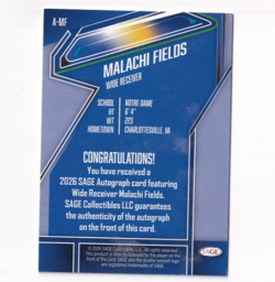 Malachi Fields 2026 SAGE HIGH SERIES GOLD ROOKIE AUTO /100 NEW YORK GIANTS - Image 2