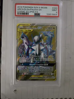 Pokemon TCG Arceus & Dialga & Palkia GX 220/236 Cosmic Eclipse PSA 9 Holo 2019 - Image 1