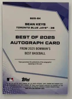 2025 Bowman's Best Sean Keys Best of Auto #B25-SK Toronto Blue Jays - Image 2