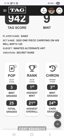 2025 One Piece OP13-120 Sabo Wanted Alternate Art TAG 9 Score [942] - Image 3