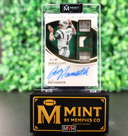 JOE NAMATH 2025 PANINI IMMACULATE AUTO /99 3 PATCH LAUNDRY TAG ON CARD JETS HOF - Image 1