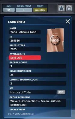 Topps Star Wars Card Trader Connections Green Gilded Bronze Yoda Ahsoka Tano 3cc - Image 3