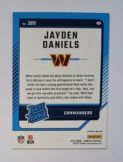 Jayden Daniels 2024 Donruss Optic Holo Pink Rated Rookie Card #389 Commanders - Image 2