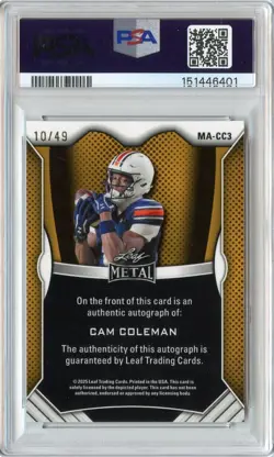 2025 Metal Cam Coleman Silver Kaleidoscope Rookie RC Auto #'D 10/49 PSA 10 POP 1 - Image 2