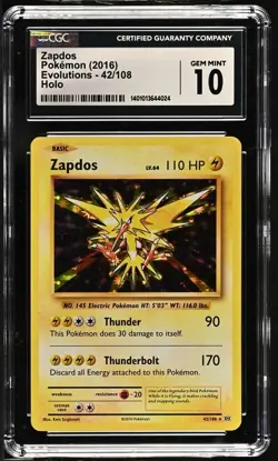 Pokemon CGC 10 GEM MINT Zapdos 42/108 XY Evolutions Holo Rare 2016 PSA - Image 1