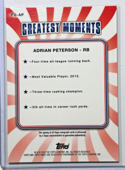 Adrian Peterson AUTO #/50 Topps Finest Greats Gold 2024 Panini Autograph SP HOF - Image 2