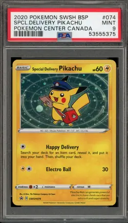Pokemon Special Delivery Pikachu P.M. Center Canada Holo Promo SWSH074 PSA 9 - Image 1