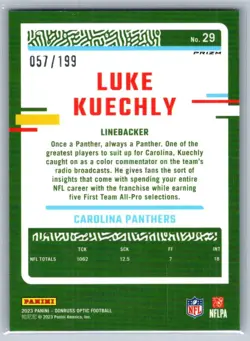 2023 Panini Donruss Optic SP Luke Kuechly Blue Holo Prizm /199 Panthers - Image 2
