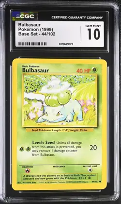 1999 Pokemon Unlimited Base Set BULBASAUR 44/102 CGC GEM MINT 10 - Image 1