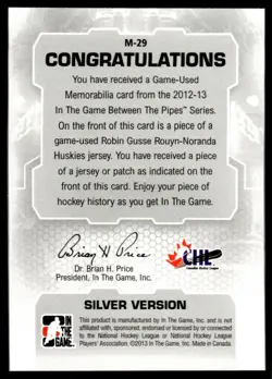 2012-13 In The Game Between Pipes Jerseys Silver Robin Gusse Rimouski Oceanic - Image 2